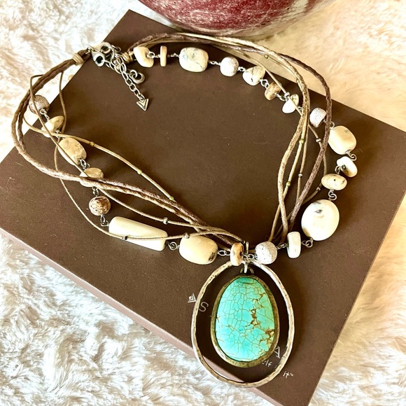 Silpada Vintage Sterling Silver Turquoise Brass 5 Brown Leather Corded Necklace - Picture 2 of 7